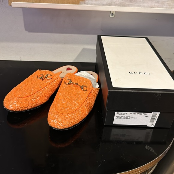 Orange Gucci Princetown Lace Mule Shoes 39.5 - Picture 3 of 14